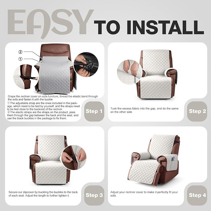 KinCam 100% Waterproof Recliner Chair Covers Washable, 30", Beige White | Anti Slip Reclining Couch Covers for Pets Dog, Recliner Sofa Slipcover Storage Pocket, Furniture Protector with Elastic Strap - Image 7