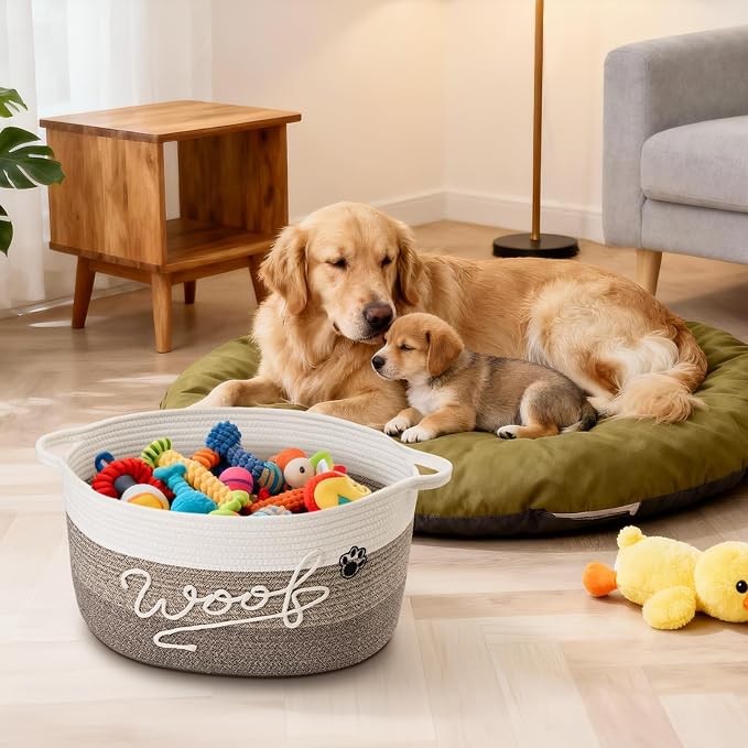 30L Woof Dog Toy Basket with Handles, Large Dog Toy Storage Bin with Paw Print, Woven Dog Basket for Blankets, Toys, Chews, Pet Toy Box for Nursery, Living Room, Bedroom, 17”x12”x9, Brown - Image 9