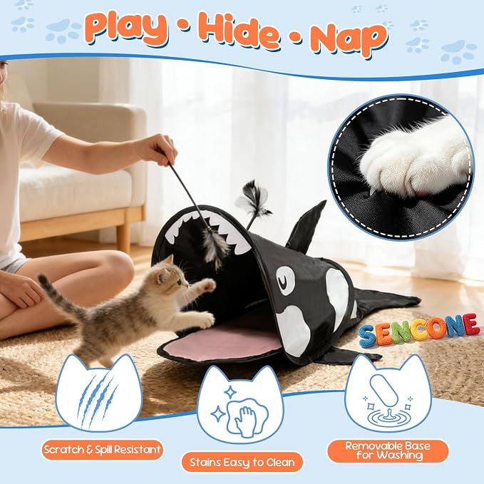 SENCONE Killer Whale Cat Tunnel Toy Portable Hideout Nap Tube for Kittens | Play, exploration and hide-and-seek. Foldable for storage and travel. Indoor and occasional travel. - Image 3