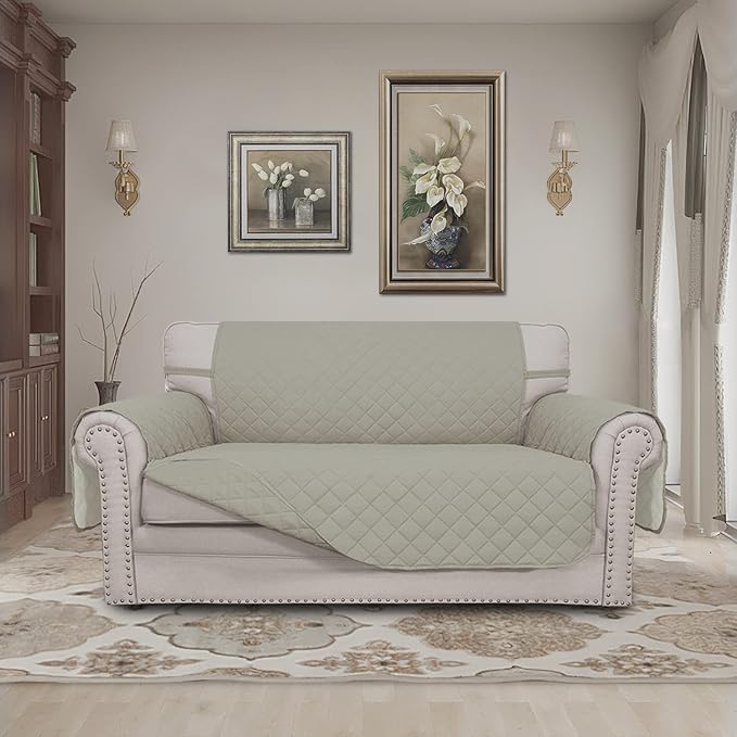 Easy-Going Reversible Loveseat Couch Cover for 2 Cushion Couch Sofa Cover for Dogs Water Resistant Furniture Protector with Foam Sticks Elastic Straps for Pet (Loveseat, Beige/Beige) | Machine Washable Slipcover For Dogs, Water Resistant Furniture Mat ... - Image 2