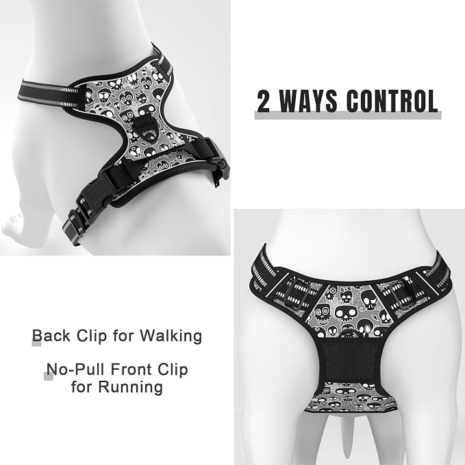 Rnivvi No Pull Dog Harness, Cute Reflective Small Sized Puppy Kitten Harness, Adjustable Soft Padded Vest for Small Dogs, Cats, Heavy Duty Pet Vest with Easy Control Handle for Walking, Black Skull - Image 5