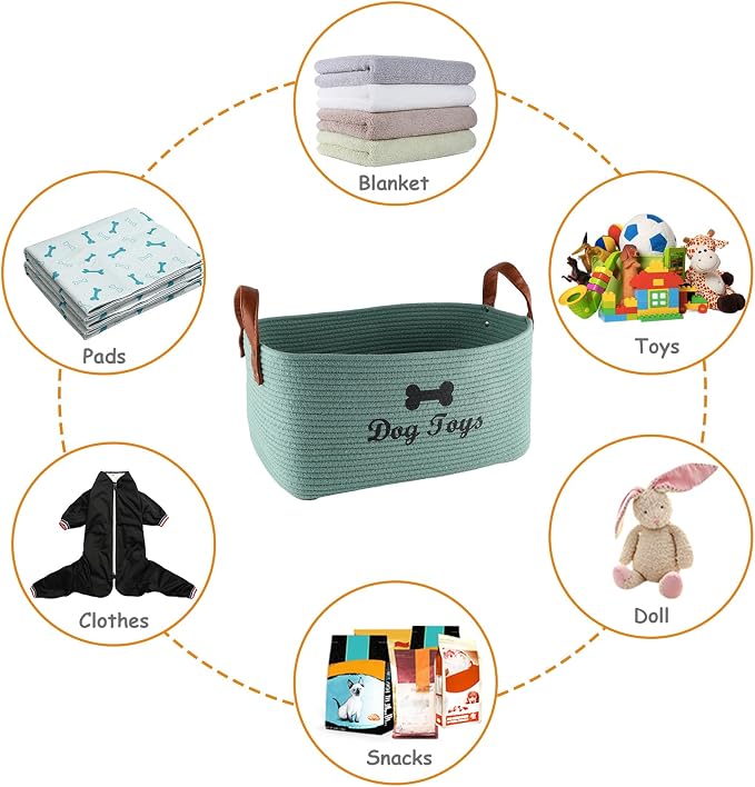 Geyecete X-Large Cotton Rope Dog Basket with Leather handle Blanket Storage Basket Decorative Clothes Hamper Basket | Extra Large Baskets for Blankets or Laundry-Geen - Image 5