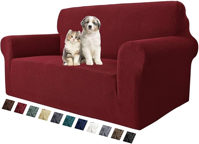 MAXIJIN Stretch Loveseat Sofa Slipcovers 1 piece Love Seat Couch Covers for 2 Cushion Couch Non Slip Sofa Cover Washable Dog Cat Proof Furniture Protector Pet Friendly (Loveseat, Wine Red) by MAXIJIN