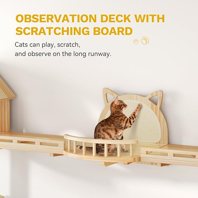 YITAHOME Cat Wall Shelves with Scratching Post | Cat Tower with Solid Wood Wall Shelves, Multi-Level Cat Climbing Furniture with Hideout & Runway - Image 6