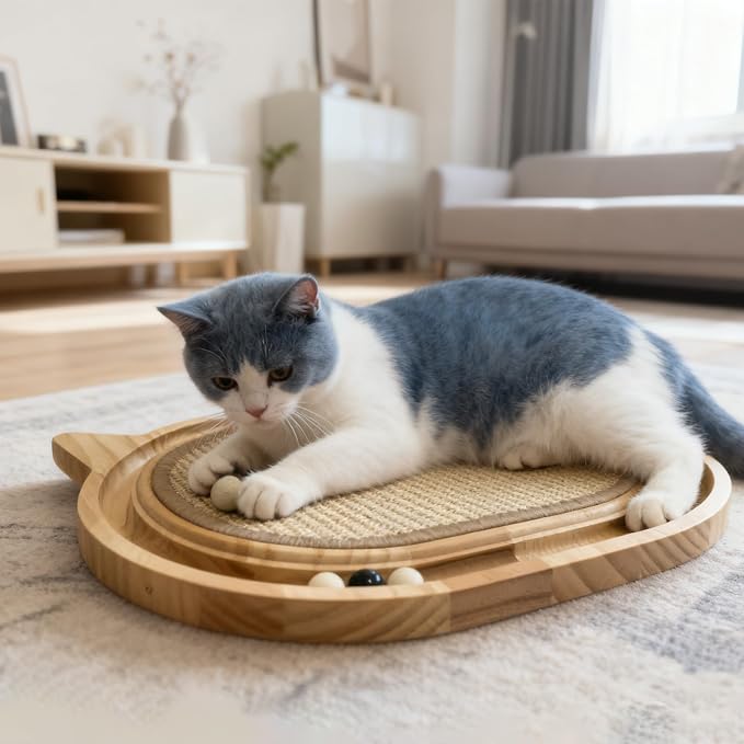 Sisal Cat Scratcher Toy with Ball Track,Wooden Interactive Cat Toy,Cats Scratch Pad for Indoor Cat, Physical Exercise for Kitty and Medium Cat - Image 5