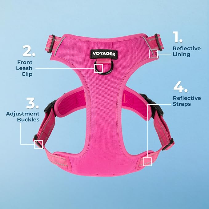 Voyager Dog Harness Dual Leash Attachment No-Pull Control Adjustable Soft but Strong Pet Harness for Medium and Large Dogs with 3M Reflective Technology, Leash Set Fuchsia Nylon, S (Chest: 16-20") - Image 5