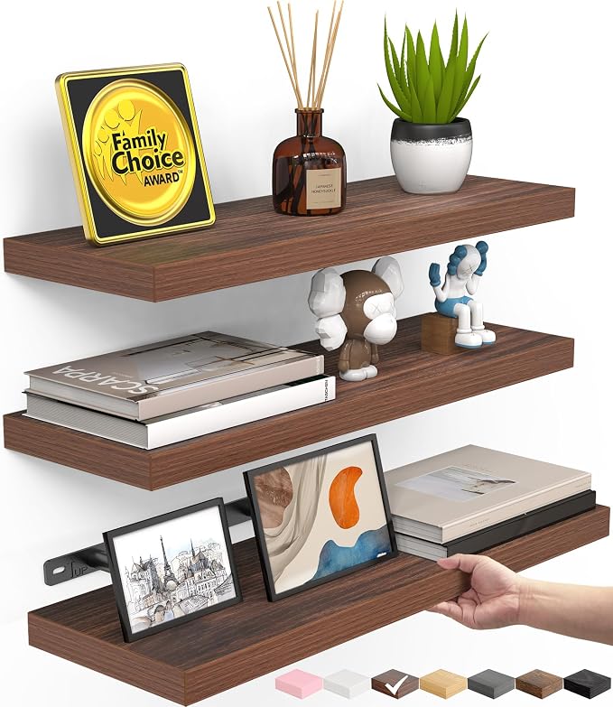BAYKA Walnut-Like Floating Shelves 15.7in, 3 Pack, Wall Mounted Wall Decor | Easy Install, 22lbs Max Load, Hidden Bracket, Shelving for Bathroom Bedroom Kitchen Display Storage, Multi-Wall Compatible by Bayka
