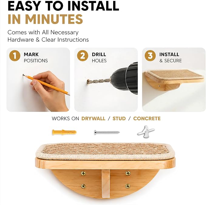 2 Set Wooden Cat Wall Shelves with Sisal Mat, Cat Wall Furniture Steps | 10"L x 9.2"W x 4"H Wall Mounted Cat Stairs, Cats Wall Furniture Steps, Space Saving, for Jumping, Playing & Lounging - Image 9