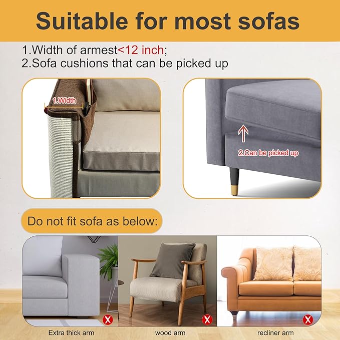 Upgraded Cat Scratch Furniture Protector,Cat Scratch Sofa Arm Sheild with 27.6’‘L*19.6’‘W Natural Sisal and Scratch Ball for Protecting Couch Sofa Chair Furniture (Brown/Right Handed) - Image 4