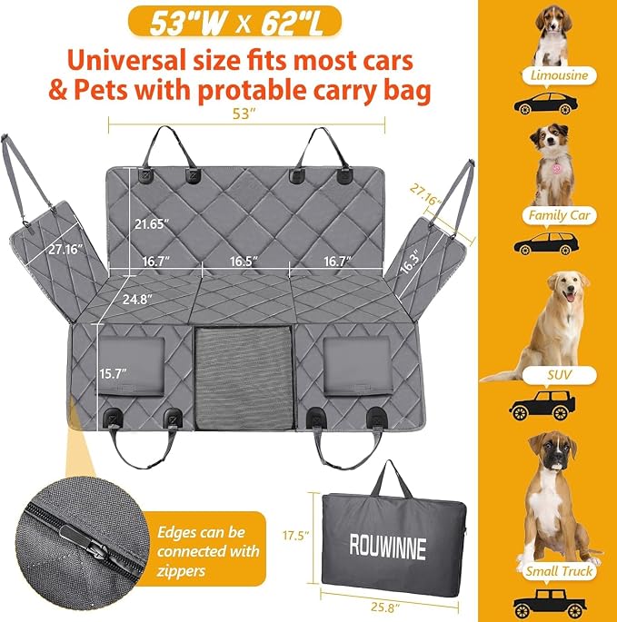 Hard Bottom Dog Car Seat Cover for Back Seat, Backseat Extender | Dog Hammock for for Cars, SUVs, Sedan, Holds 420lbs, Large Space, Sturdy Oxford, Pet Car Bed, Waterproof, Mesh Window, Grey - Image 5