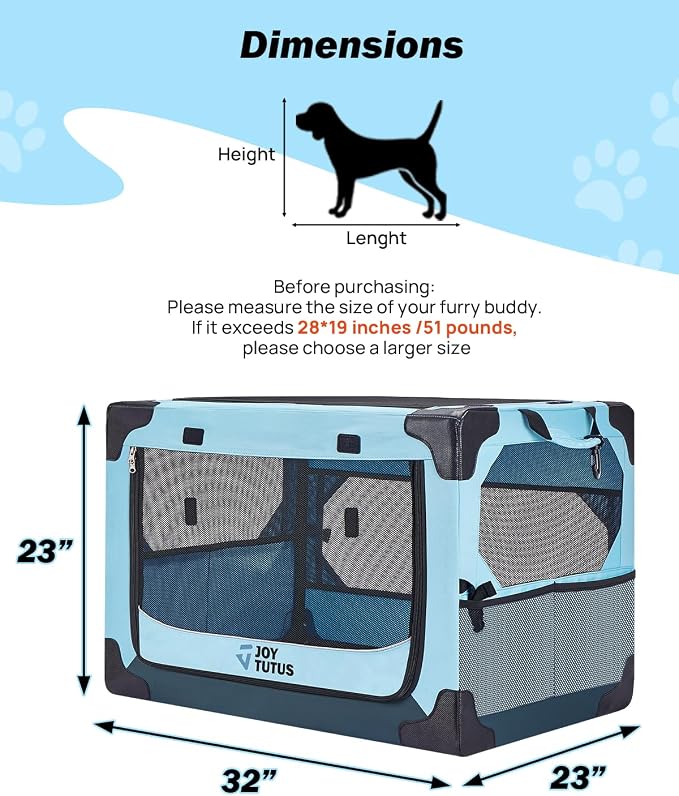 JOYTUTUS Collapsible Dog Crate, 32 Inch Portable Pet Crate for Car, Travel Dog Kennel Foldable Dog Crate for Large Dog 50lbs, Soft Cat Carrier Fit for Indoor & Outdoor/Trunk (Blue) - Image 2