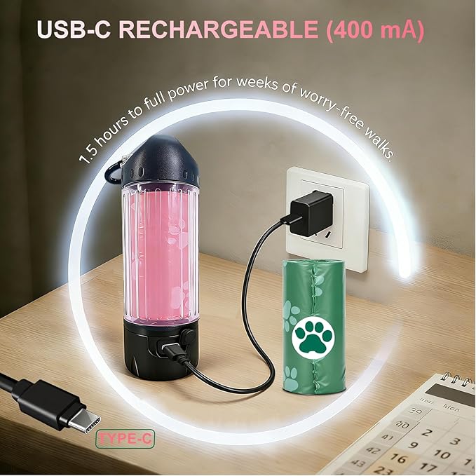 Dog Poop Bag Holder with Flashlight 7-Color, USB-C Rechargeable Poop Bag Displenser for Leashes, IPX6 Waterproof Anti-Slip Clip Pet Waste Bag Holder for Walking (1 Dispenser, 30 Bags) - Image 5