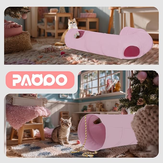 Cat Tunnel, 2-Way Collapsible Cat Tube with Interactive Peek-A-Boo Hole, Toy Ball, and Rope – Ideal for Indoor Cats, Kittens, and Rabbits (Pink) - Image 4