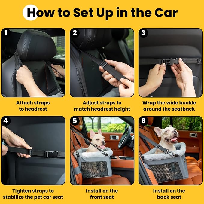 Conlun 2-Pack Dog Car Seat | Steel Frame Anti-Collapse | Small Pet | Grey | Heavy-duty Oxford | Rigid Skeleton Stops Wobbling | Leash Prevents Escapes | Elevated Pet Booster for Calm Car Trips - Image 9
