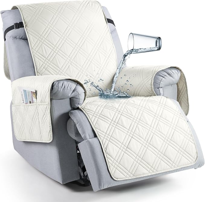 TAOCOCO Waterproof Recliner Chair Covers 30 Inch Wide, Oversized Recliner Covers for Recliner Chair with Pocket, Recliner Slipcovers with Straps Furniture Protector for Kids Pets (30'', Ivory) by TAOCOCO