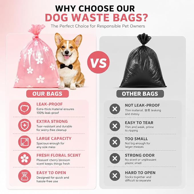 Cherry Blossom Scented Dog Poop Bags - 8 Rolls 120 counts | Leak Proof Extra Large 13x9 Inch Pink Dog poop bags rolls with Dispensers, Fragrance Bags for Dogs Walking and Cat Litter - Image 7