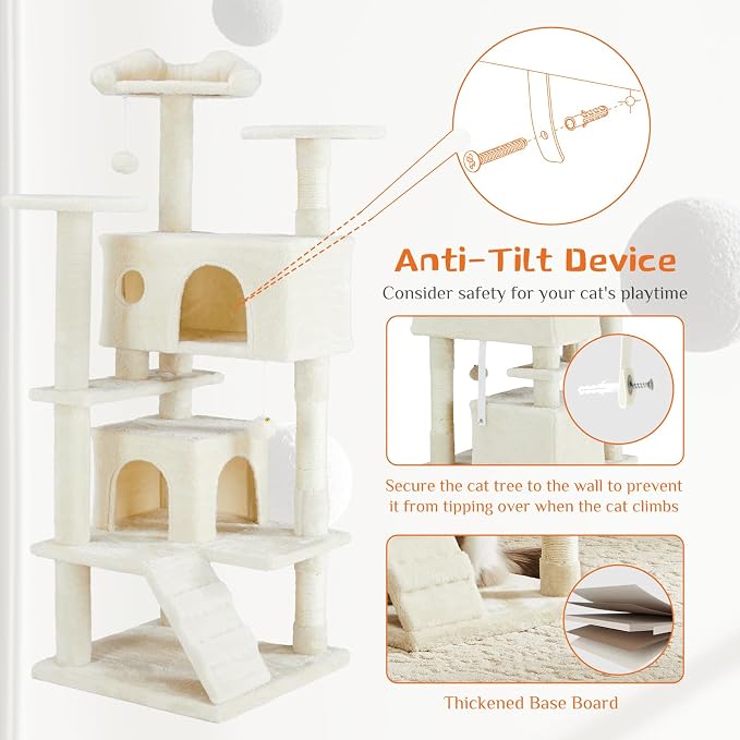 Sweetcrispy 54-inch Cat Tree Tower with Scratching Posts, Indoor Use | Multi-Level Indoor Cat Tree Condo with Climbing Ladder, Plush Toy, Play House for Kitten, Beige - Image 6