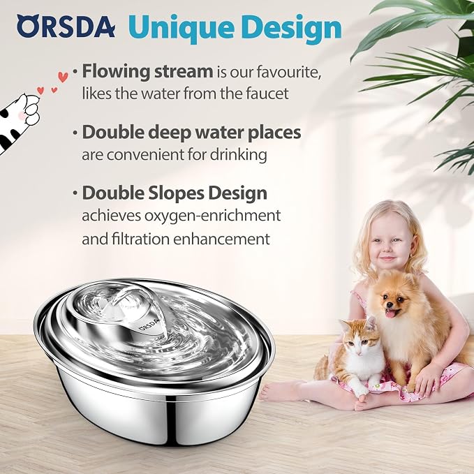 ORSDA Cat Water Fountain Stainless Steel, 2L Pet Fountain for Cats Inside, Dog Water Dispenser, Automatic Cat Drinking Fountains with 6 Replacement Filters for Cats, Small Dogs - Image 2