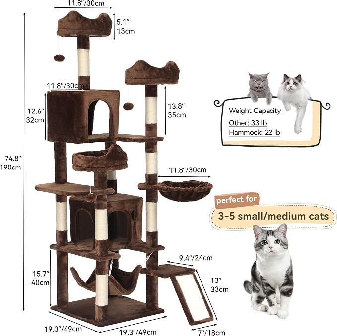 YITAHOME 75-Inch Tall Cat Tree Indoor | Multi-Level Cat Tower with Kitty Condos, Top Perches, Sisal Ramp, Scratching Posts & Cozy Basket Hammocks, Black - Image 3