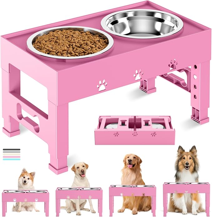 Elevated Dog Bowls with 2 Stainless Steel Bowls, 5-Height Adjustable Stand (3.1", 9" to 12"), for Improved Digestion & Neck Support, Easy Clean, Non-Slip Base Raised Feeder for Medium Large Dogs - Image 2