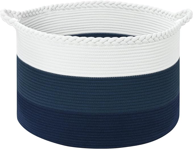 67L Large Woven Blanket Basket, Cotton Rope Baby Laundry Hamper with Handles, Kids Toy Basket for Classroom & Nursery, Soft Round Stuffed Animal Storage, Dog Toy Bin - 20"x13", Dark Blue by Degeyoyo