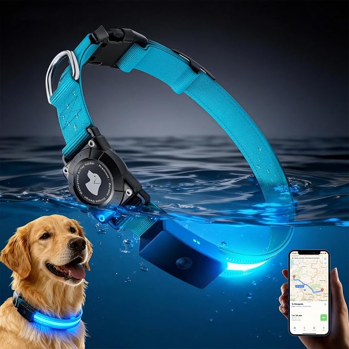 LED AirTag Dog Collar - Brightest Light Up Dog Collars, Blue L | IP68 Waterproof Air Tag Dog Collar Holder, 1,600 Feet of High Visibility, Magnetic Charging, Dog Lights for Night Walking by Unknown