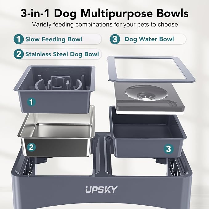 UPSKY 3-in-1 Elevated Dog Bowls Set with 4 Height Adjustable Stand, Blue | 304 Stainless Steel Bowl, No Spill Water Bowl, Slow Food Bowl, Anti-Slip, Dishwasher Safe, Suitable for Small Medium Dogs - Image 3