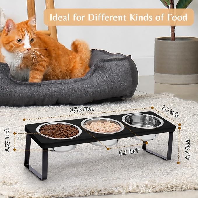 Elevated Black Cat Food Bowl for Indoor Cats, 3 Raised Water Bowl for Pet | Whisker Friendly, Anti Vomit, Feeding Station for Puppy, Stainless Steel, Pet Dish, Easy Assembly, Bamboo, Dishwasher Safe - Image 5