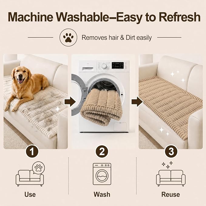 decorUhome Couch Cover for Dogs, Non Slip Fuzzy Thick Pet Sofa Protector | Pet Friendly, Machine Washable, Fits 3-Cushion Sofa, Protects Against Pet Hair & Daily Messes, Khaki, 27.6" x 82.7" - Image 8