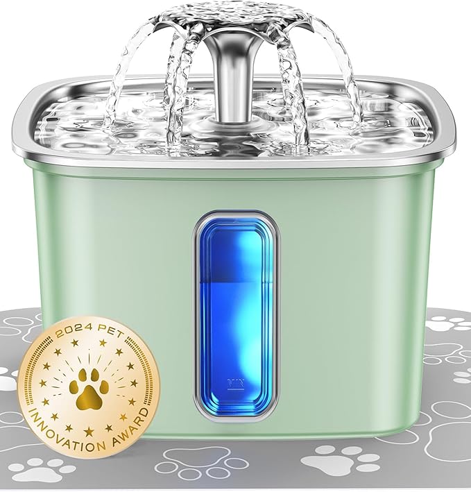 Veken Innovation Award Winner Stainless Steel Cat Water Fountain, 108oz | Automatic Pet Fountain Dog Water Dispenser with Replacement Filters & Silicone Mat for Cats, Dogs (Tea Green) by Veken