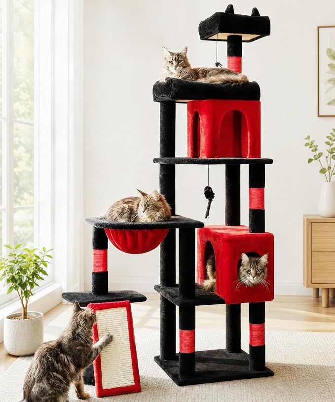 Gothic Cat Tree, 68 Inches Heavy Duty Cat Tower for Indoor Cat | Cat Tower with 2 Condos, Sisal Scratching Posts, Plush Platform & Hammock, Extra Stable Big Cat Furniture, Black Red - Image 8