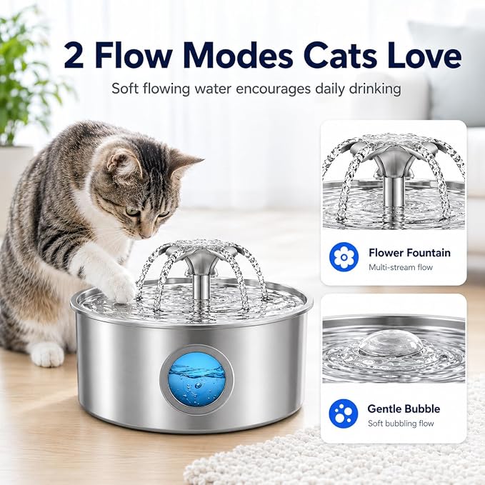Cat Water Fountain, 3.2L 108Oz Stainless Steel Pet Fountain, 4 Filters | Stainless steel cat fountain, dishwasher safe with triple filtration, quiet pump and visible water window for cats and dogs. - Image 7