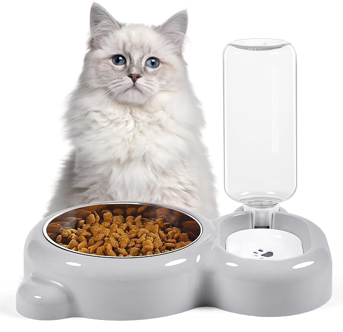 Dog Bowls, Cat Food and Water Bowl Set with Water Dispenser and Stainless Steel Bowl for Cats and Small Dogs - Grey - Image 7