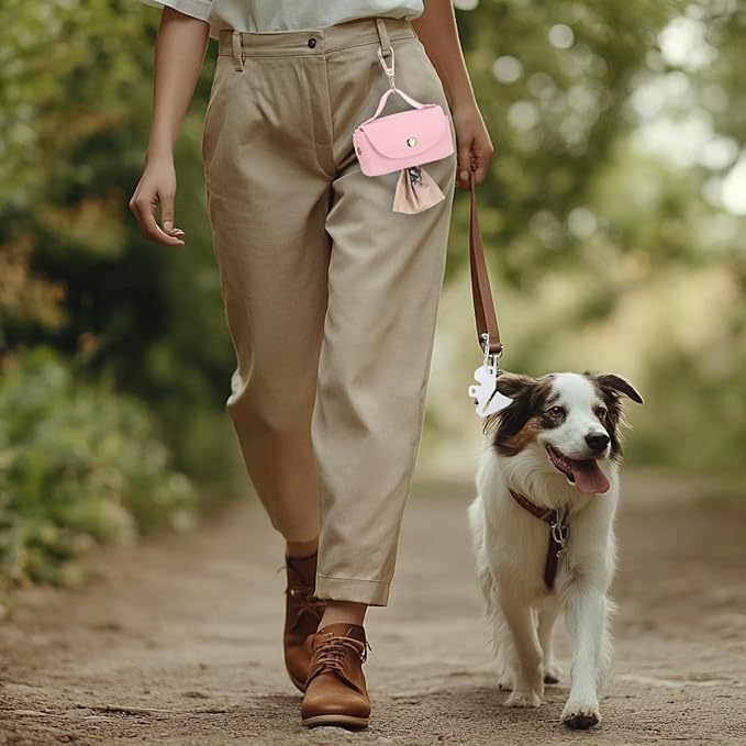 Affrolling 5 Pcs Leather Dog Poop Bag Holder Christmas Include 45 Scented Poop Bags Dispenser Cute for Travel Walking Dog Park and Outdoor Use(Pink) - Image 3