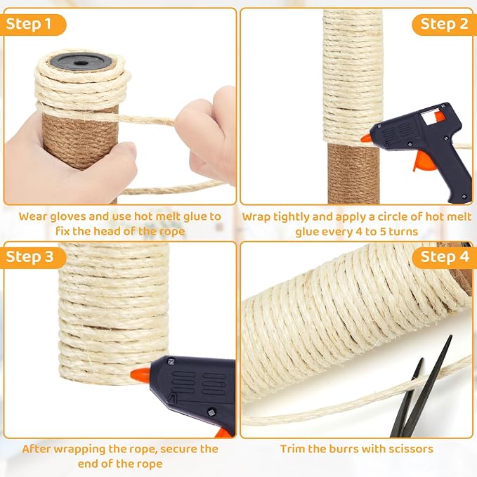 White Sisal Rope for Cat Tree and Scratching Post 5mm 1/5 Inch, 100 Feet | Natural Sisal Fiber, Tight Twist Climbing Twine, Cat Tree Tower Repair, Scratching Post Replacement, Natural Scratching - Image 5