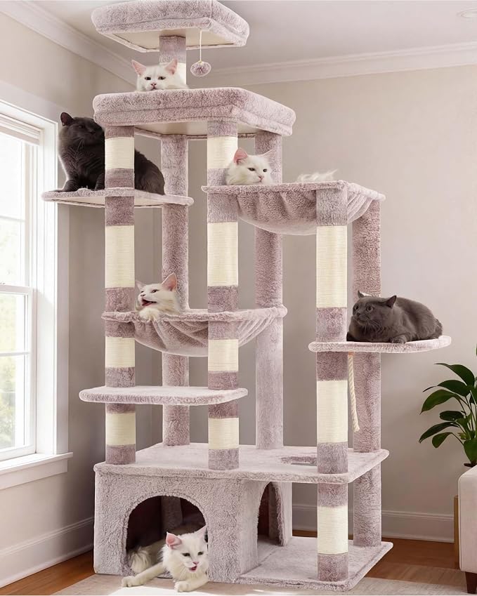 Heybly Cat Tree, 71-Inch Tall Cat Tower for Large Maine Coon Cats HCT037MU | Cat Condo Furniture with Extra-Large Baseboard, Multi-Level Platforms, 2 Hammocks and 12 Scratching Posts, Rosy Brown by HEYBLY