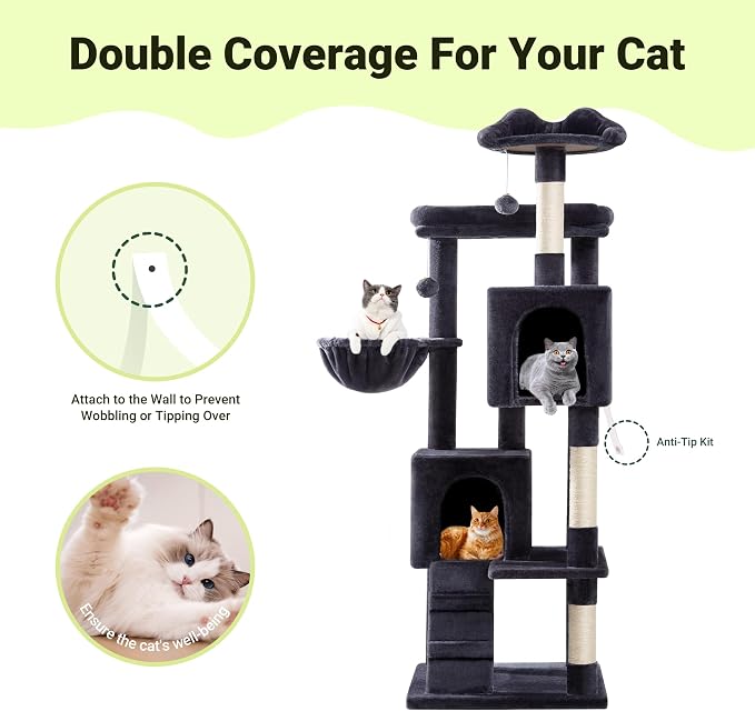 Allewie 64 Inches Multi-Level Cat Tree Tower for Indoor Cats, Dark Grey | Activity Center for Big Felines, 2 Plush Condos, 2 Perches, Cozy Basket, House, Sisal Scratching Posts, Hanging Cat Toys - Image 7