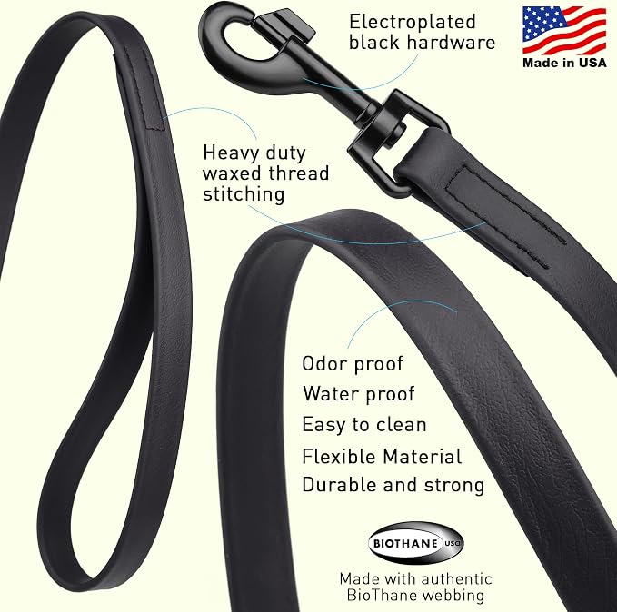 Dogline Biothane Waterproof Dog Leash Strong Coated Nylon Webbing with Black Hardware Odor-Proof Easy to Clean High Performance for Small or Large Dogs Made in USA 4 or 6 ft Lead, Black - Image 2