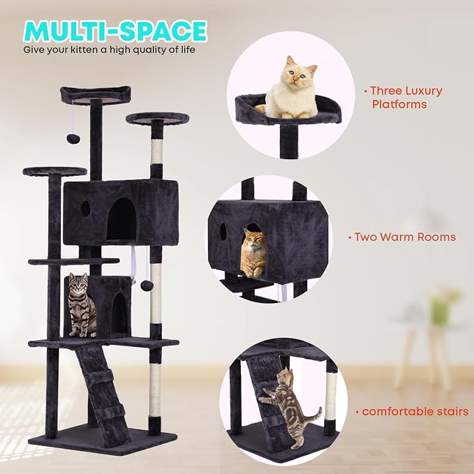 FDW | 70" Cat Tree Tower | Ashy | Multi-Level Indoor Activity Center with Sisal Scratching Posts, Condos, Plush Perches, Hanging Cat Toys | Sturdy, Easy to Assemble | for Kittens & Adult Cats - Image 5