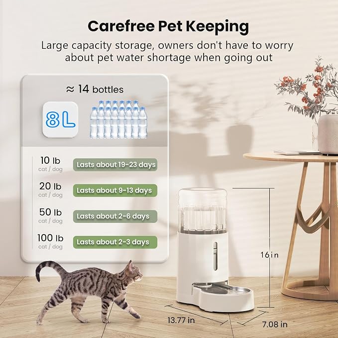 CZPET Dog Water Bowl Dispenser with Stainless Steel Bowl (8L+Filter,White) | With Stainless Steel Bowl Gravity Waterer, Large Capacity and Drinking Area Noise-Free for Pets - Image 5