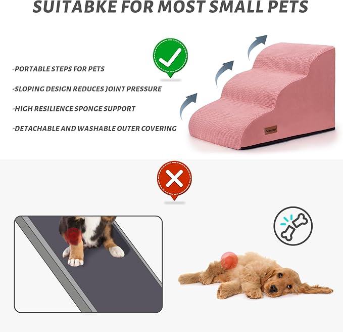 Dog Stairs for Small Dogs, 3-Step Pink Pet Ramp for Couch, Cats & Puppies | Aodisman Elegant Pink Pet Stairs Designed for Small Dogs and Cats, Providing Easy Access with Comfort and Style, 15.7" H - Image 2