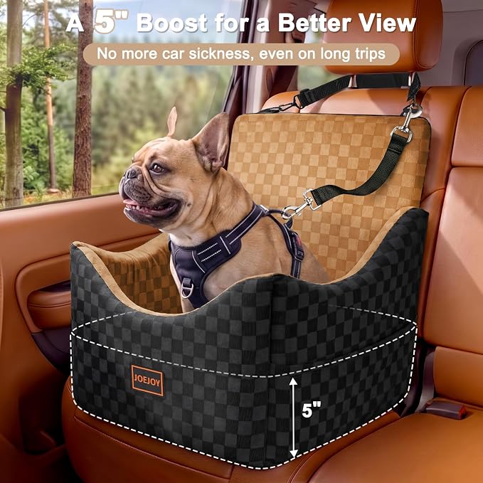 JOEJOY Elevated Dog Car Seat for Small/Medium Dogs up to 35 lbs, Memory Foam Booster Seat with Detachable Washable Cover, Travel-Safe Car Bed with Safety Belts & Storage Pockets, Brown - Image 2