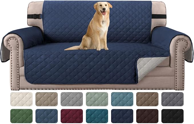 H.VERSAILTEX Reversible Loveseat Cover for 2 Cushion Couch Water Resistant Couch Cover for Dogs Non Slip Furniture Protector Cover with Elastic Strap for Pet Cat(Oversized Loveseat, Navy/Beige) by HVERSAILTEX