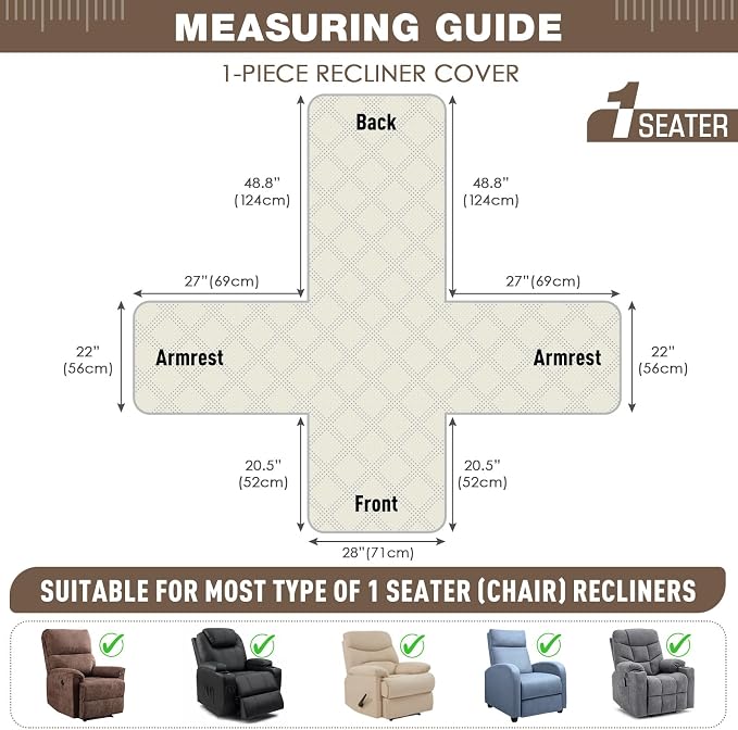 TAOCOCO Waterproof Recliner Chair Cover, Non Slip Oversized Recliner Covers for Recliner Chair with Pocket, Reclining Chair Cover Furniture Protector for Kids, Dogs(28'', Gray Taupe) - Image 2