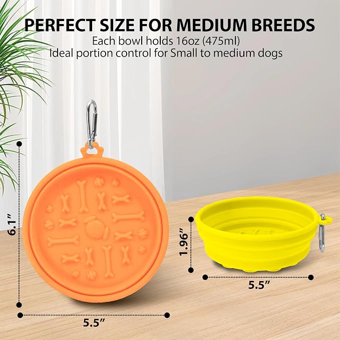 PawSailor 2-Pack Collapsible Dog Bowls with Suction Cups & Scraper - 16oz Travel Pet Bowls for Food/Water, Non-Slip Feeding Dish for Dogs, Includes Carabiner Clip Orange&Yellow - Image 2