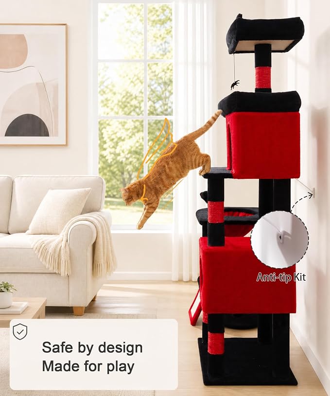 Gothic Cat Tree, 68 Inches Heavy Duty Cat Tower for Indoor Cat | Cat Tower with 2 Condos, Sisal Scratching Posts, Plush Platform & Hammock, Extra Stable Big Cat Furniture, Black Red - Image 6