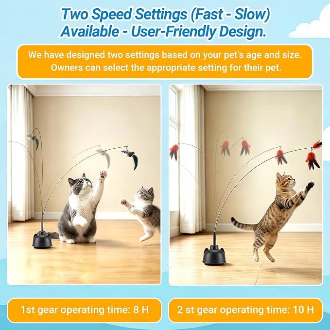 Interactive Cat Toys for Indoor Cats Toy Wand 360° Flying Bird Cat Toy | 2 Speed Adjustable Flying Bird Cat Toy Automatic Cats Toys with Self ON/OFF Feather Toy Suction Cup Electric Cat Teaser Wand - Image 3