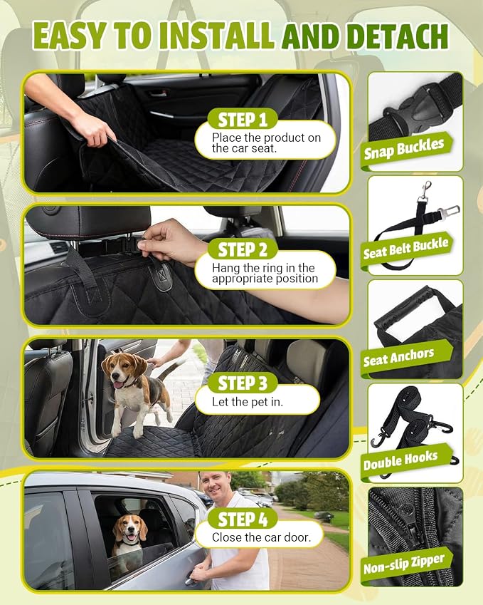 Dog Car Seat Cover, 600D Heavy Dute Car Seat Cover for Dogs Pets, 100% Waterproof Anti-Scratch Nonslip Dog Hammock for Cars, Seat Covers Protector with SeatBelt for Sedan SUV Truck Standard Black - Image 6