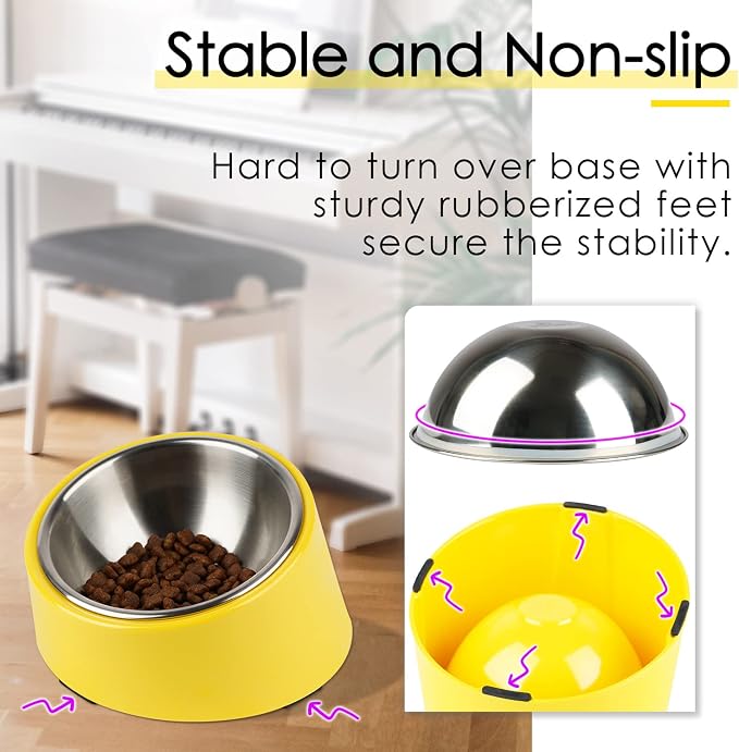 SUPERDESIGN Anti-Vomiting 15° Slanted Pet Bowl, S/0.5 Cup, Yellow | 15° Tilted, Anti-Vomit & Neck Relief, Non-Slip Base, Detachable Stainless Steel Liner, Dishwasher Safe, for Cats & Dogs - Image 4