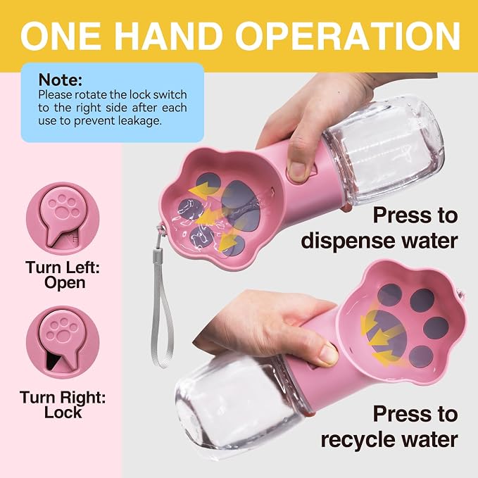 Dog Water Bottle with Food Container, Portable Pet Dispenser, Leak Proof, Hiking, Puppy Travel, Outdoor Activities(11.16 fl.oz/330ml, Pink) - Image 2